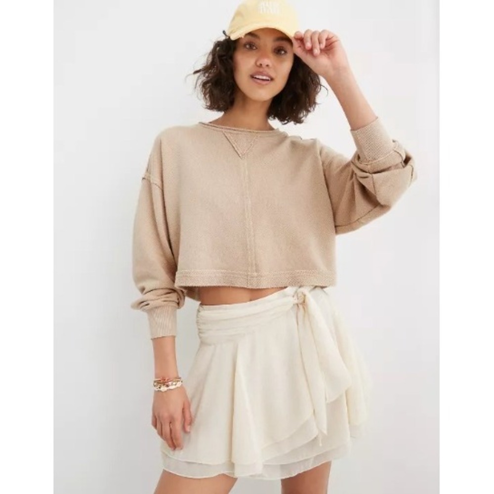 Aerie Beige Cropped Terry Sweatshirt | Oversized Pullover Lounge Top | Size S